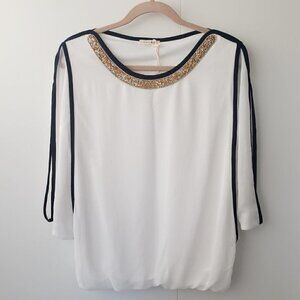 NWT White chiffon blouse with bat sleeve and embellished neckline sz M